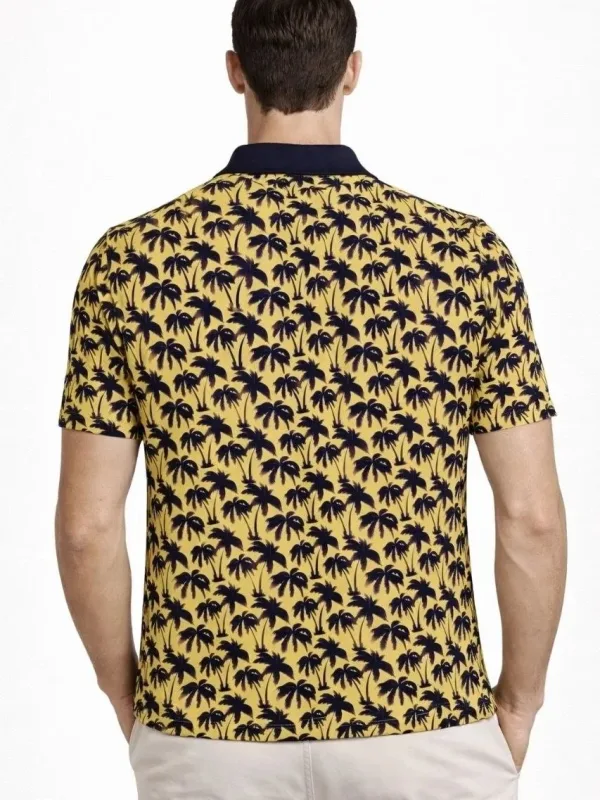 Men's Yellow Pique Fabric Polo Collar Palm Patterned T-Shirt 3