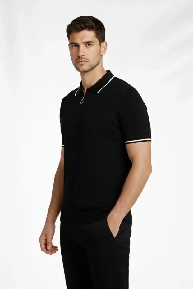 Bărbați Set 3 bucăți Bej-Alb-Negru Tricou Polo cu Fermoar Guler Tricou 4