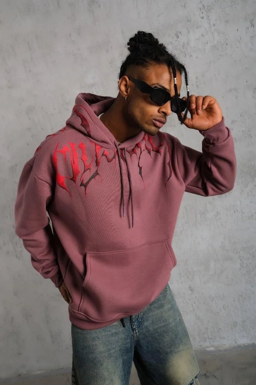 Erkek Gül Kurusu 3 İplik Pamuklu Baskılı Kapüşonlu Cepli Sweatshirt