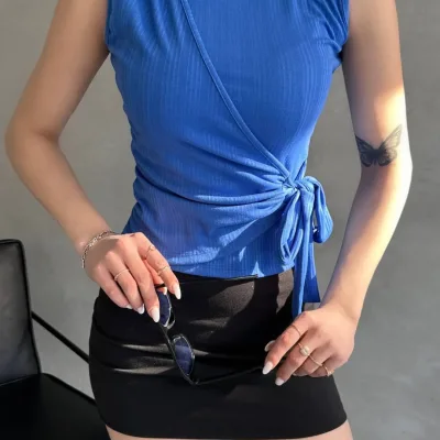 Strap Front Cross Tie Blouse Fuchsia 1