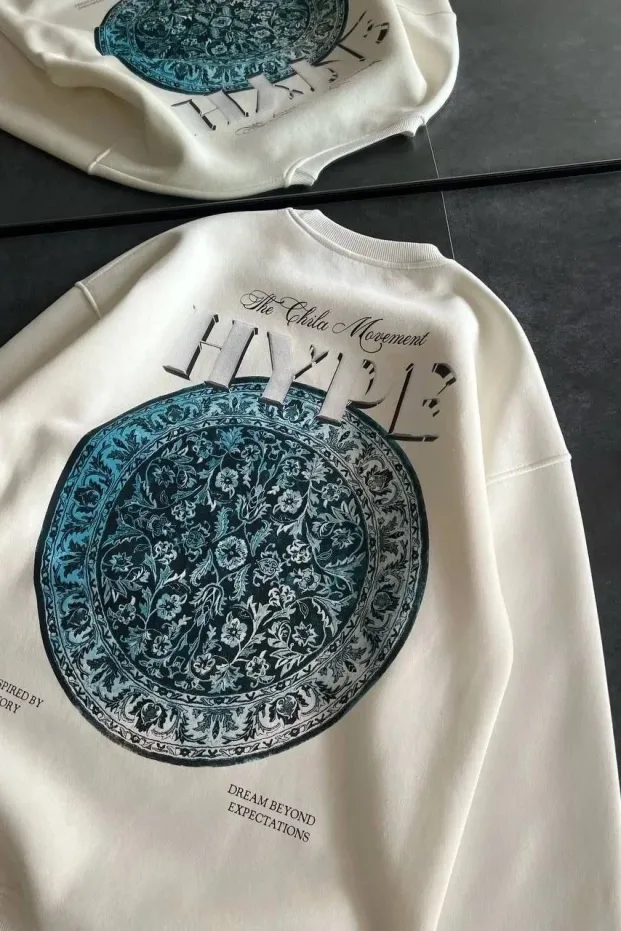Női Fehér 3 Szálas Pamut Kerékpárnyakú Nyomott Sweatshirt 1