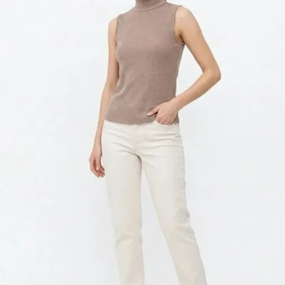 Women's Beige Ribbed Half Turtleneck Basic Bodysuit Tank Top 3