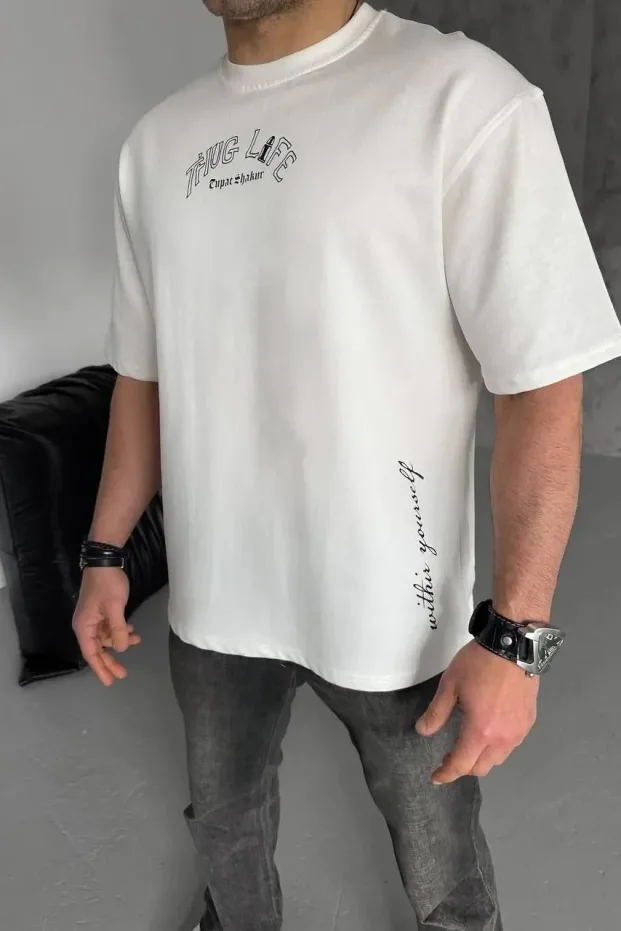 Bărbat Alb Tricou cu Guler Bicicletă Imprimat cu Eșarfă Palestiniană 3