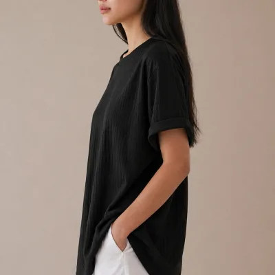 Black Ribbed Oversize Loose Fit Basic T-Shirt 5