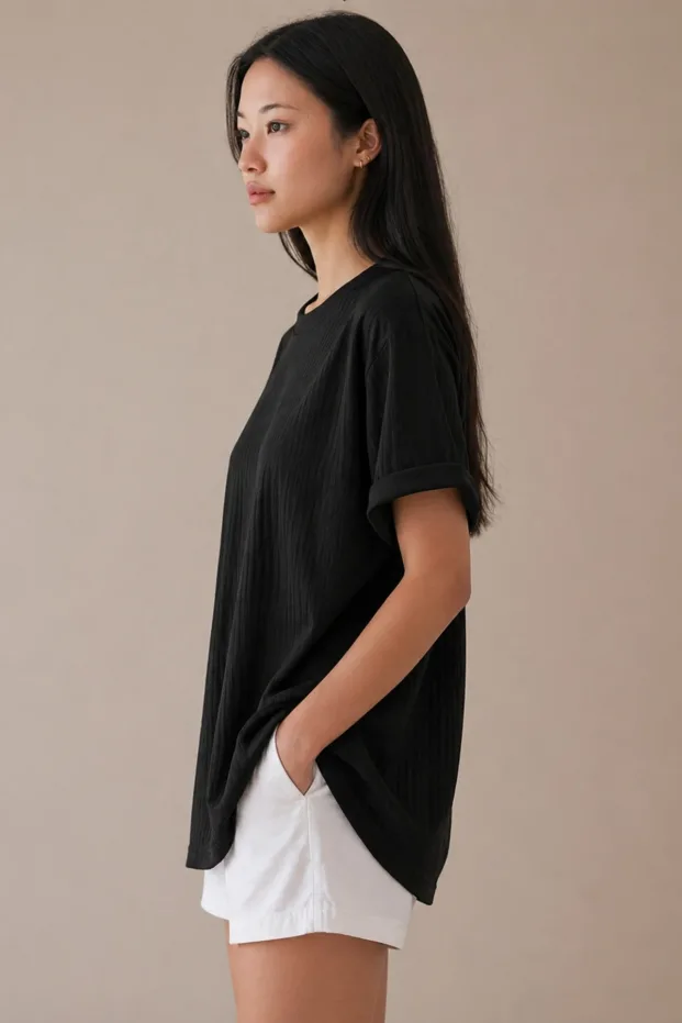 Fekete bordázott oversize bő szabású basic póló 5
