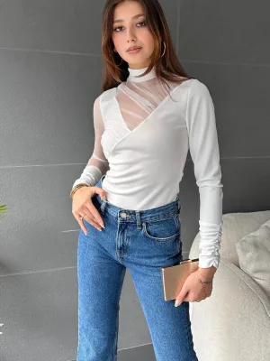 Half Turtleneck Tulle Detail Blouse White