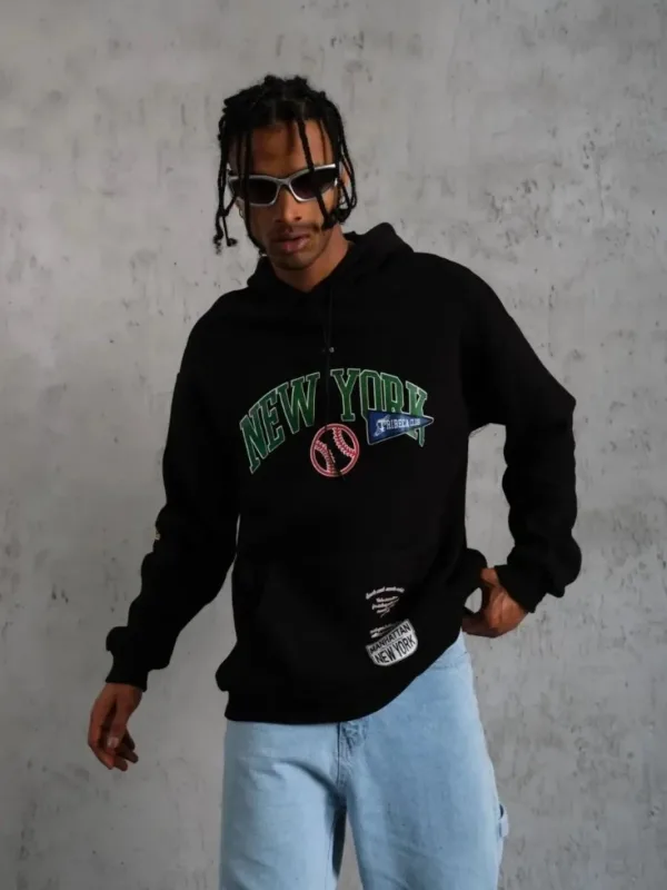 Muški crni oversize 3-nitni pamučni hoodie s printom 3