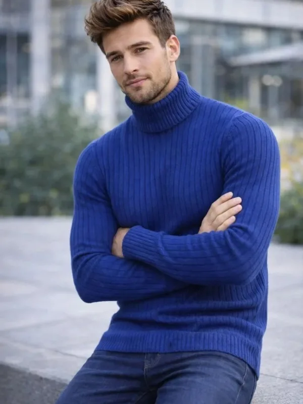 Pánský indigo regular fit silný žebrovaný rybářský výstřih triko svetr 4