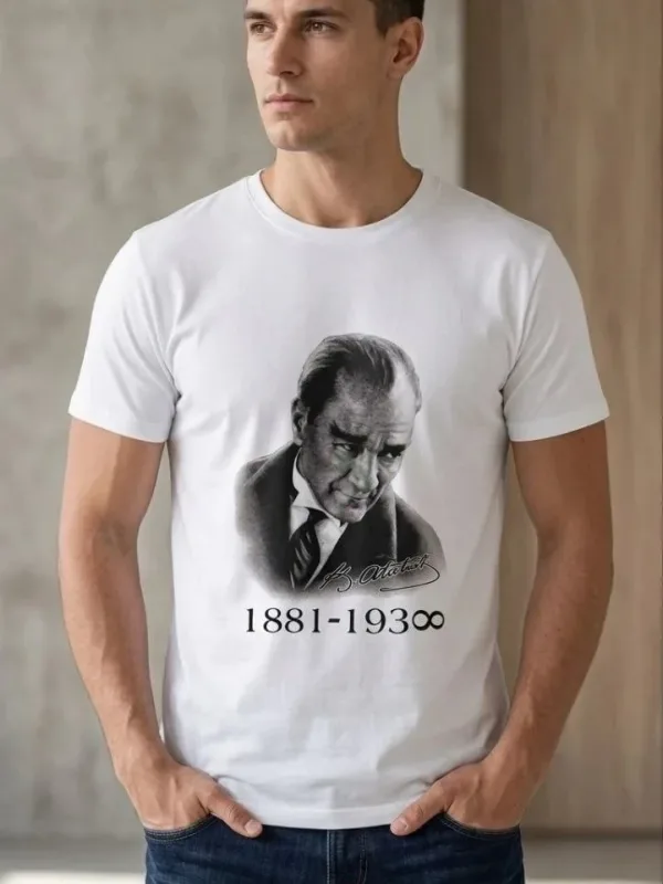 Man White Oversize Crew Neck Ataturk Printed T-Shirt 3