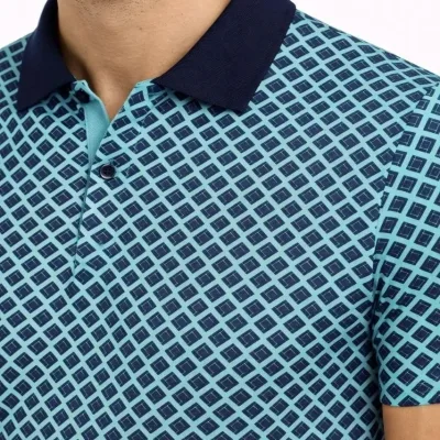 Man Turquoise Pique Fabric Polo Collar Patterned Short Sleeve T-Shirt 2