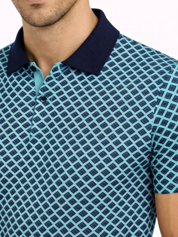 Man Turquoise Pique Fabric Polo Collar Patterned Short Sleeve T-Shirt 2