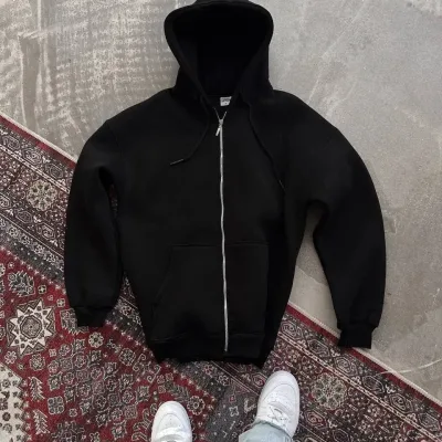 Femea Neagră Fermoar Complet Capușon Buzunare Bumbac Cardigan 2