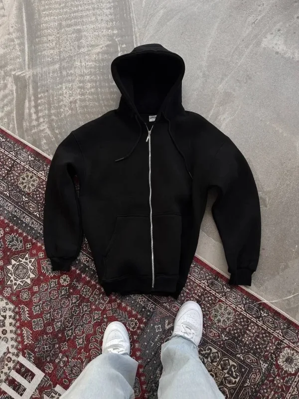 Femea Neagră Fermoar Complet Capușon Buzunare Bumbac Cardigan 2