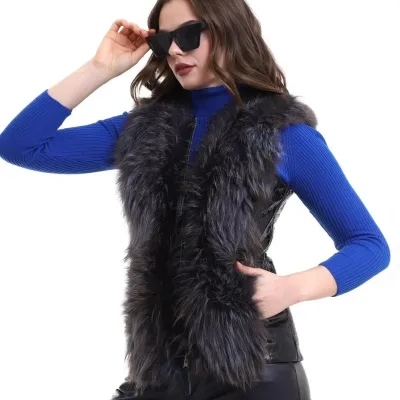 Dámská černá pravá ovčí kůže zip liščí kožešina 3
