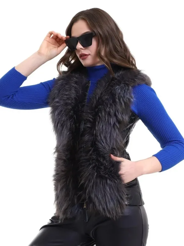 Dámská černá pravá ovčí kůže zip liščí kožešina 3