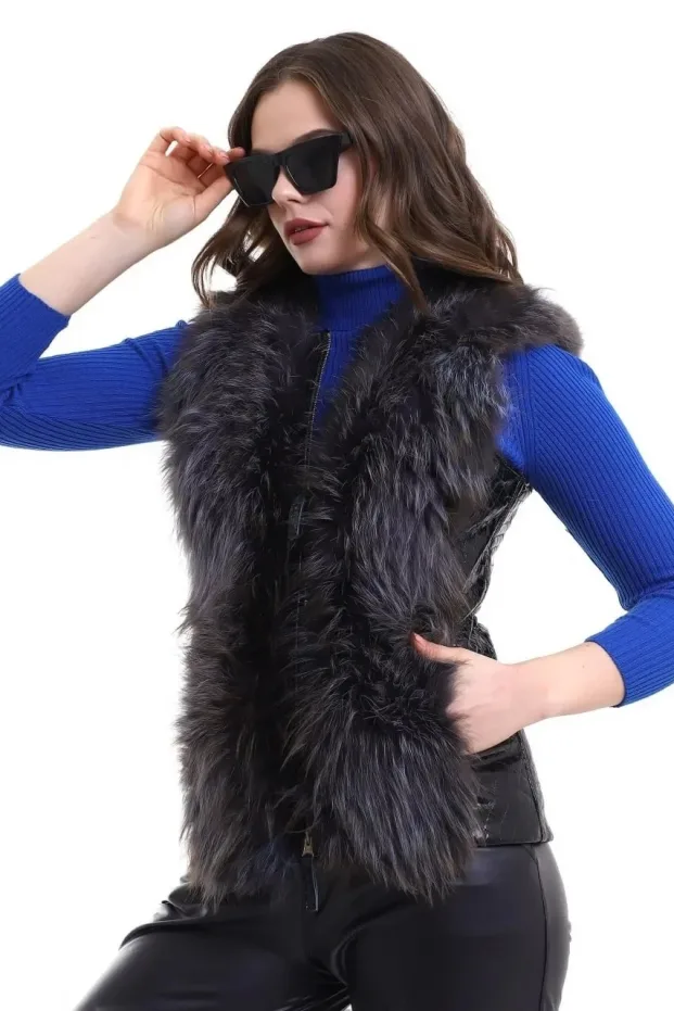 Women's Black Genuine Sheepskin Zippered Fox Fur 3
