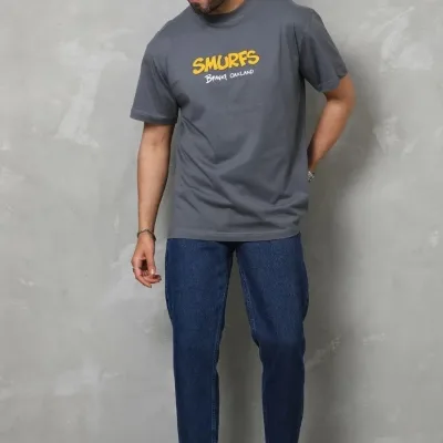 Tricou pentru bărbați, gri fumuriu, oversized, cu gât rotund, imprimat 7