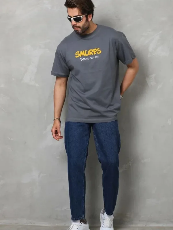 Tricou pentru bărbați, gri fumuriu, oversized, cu gât rotund, imprimat 7