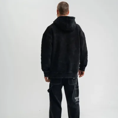 Men's Black 3-Thread Cotton Washed Embroidered Hooded Sweatshirt 6