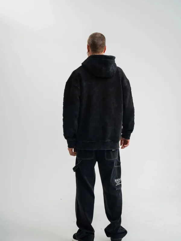 Men's Black 3-Thread Cotton Washed Embroidered Hooded Sweatshirt 6