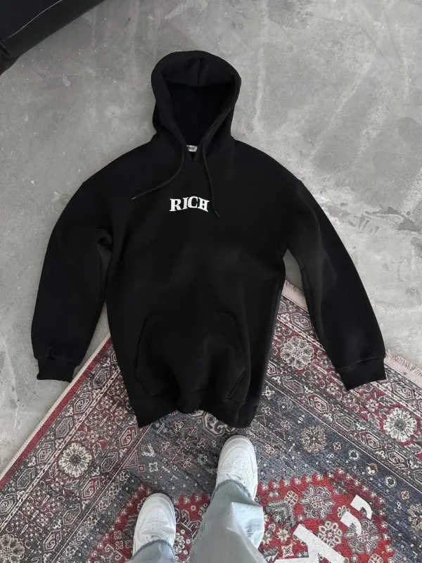 Kadın Siyah 3 İplik Pamuklu Baskılı Kapüşonlu Kanguru Cepli Sweatshirt 2