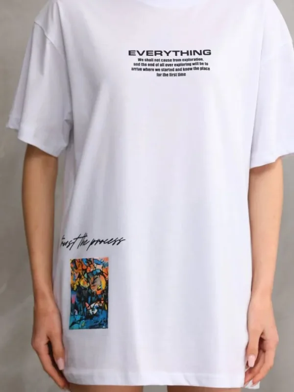 Женски Бел Oversize Бициклета Јака Печатена Маица 2