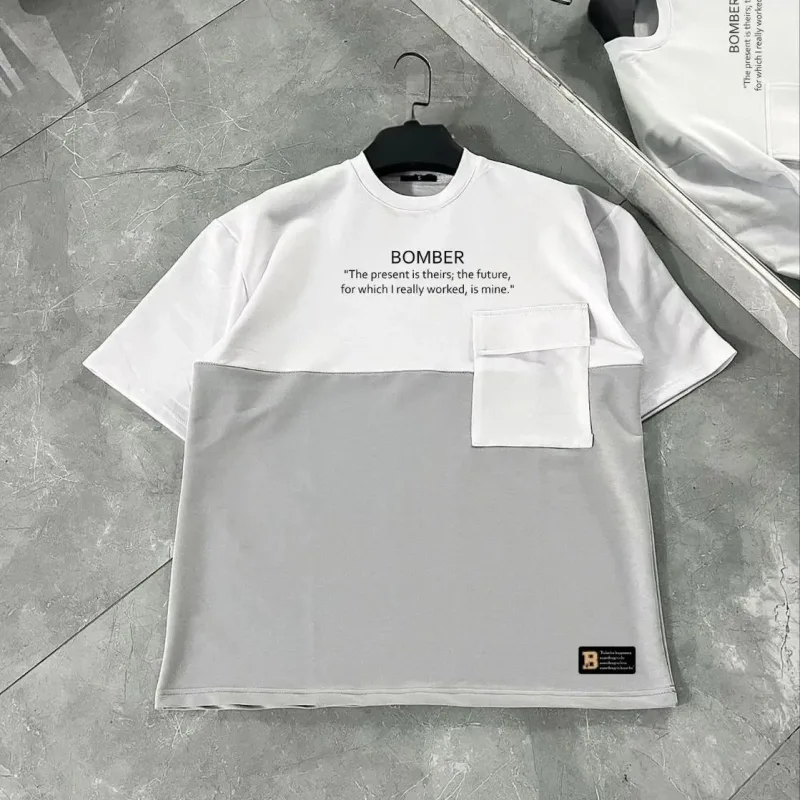 Kişi Boz Parçalı Torba Cepli Qısa Qollu T-Shirt