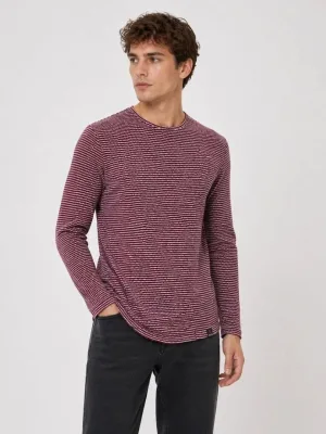 Men's Burgundy Textured Striped Oval Cut Long Sleeve T-Shirt
