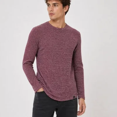 Men's Burgundy Textured Striped Oval Cut Long Sleeve T-Shirt 1
