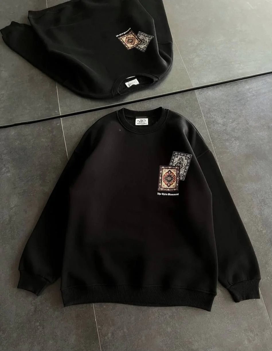 Kadın Siyah Bisiklet Yaka Kilim Baskılı 3 İplik Pamuklu Sweatshirt