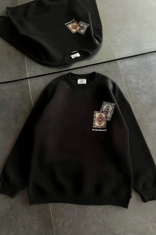 Női Fekete Kerékpárnyakú Kilim Nyomott 3 Szálas Pamut Sweatshirt 1