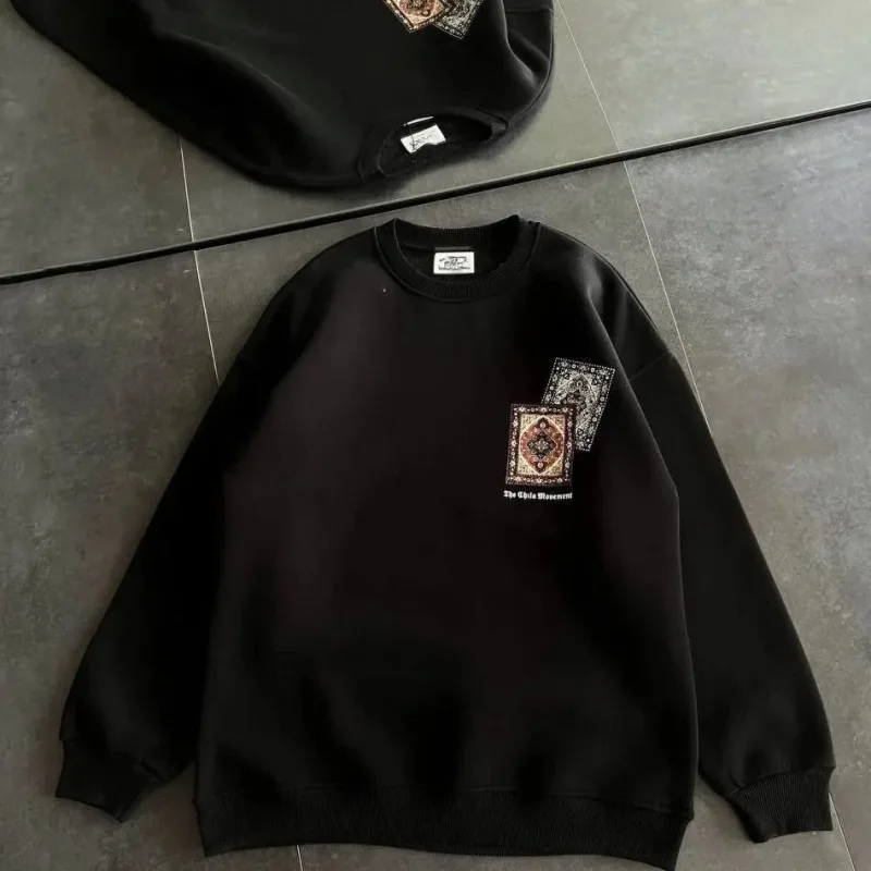 Femeie Neagră Guler Bicicletă Imprimat Covor 3 Fire Bumbac Sweatshirt