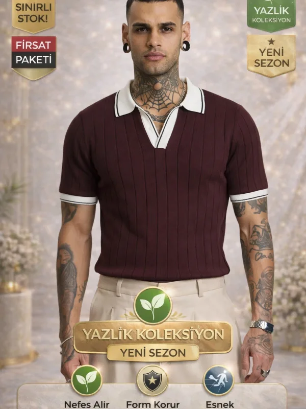 Erkek Bordo Basic Kısa Kollu Polo Yaka Triko Tişört