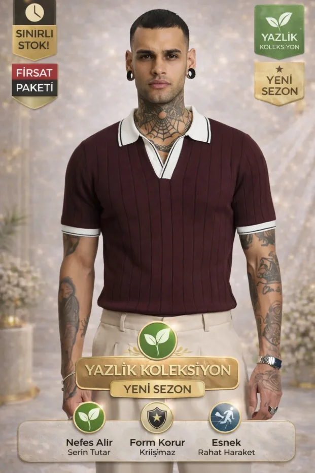 Erkek Bordo Basic Kısa Kollu Polo Yaka Triko Tişört 1