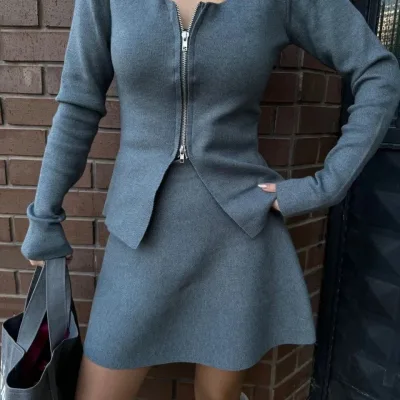 Femeie Fum Fermoar Cardigan Fustă Set Două Piese 1