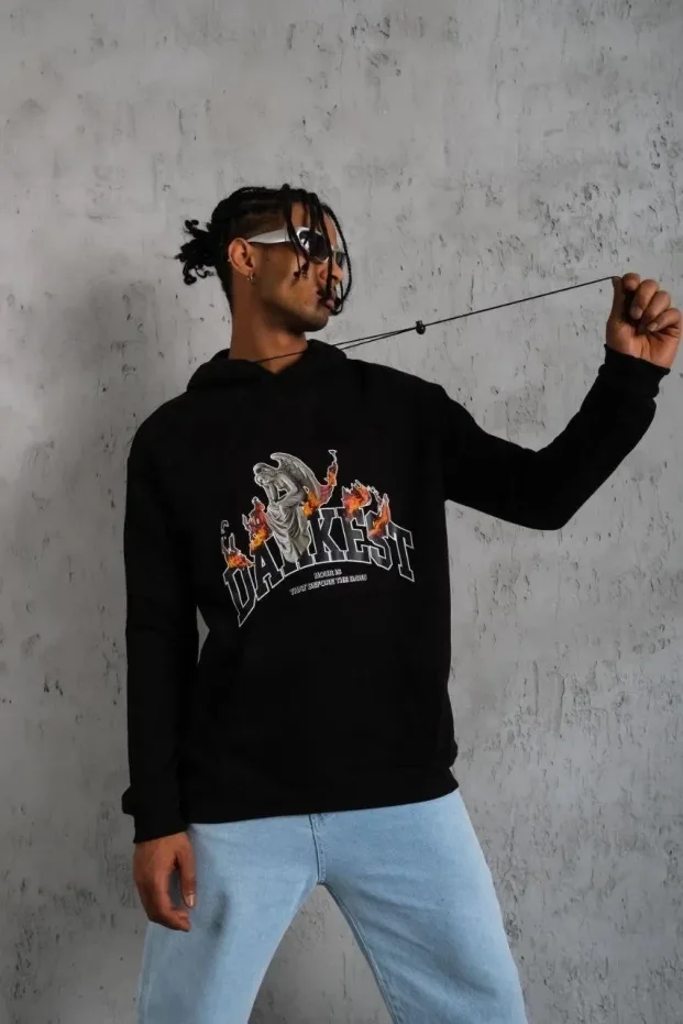 Men's Black Oversize 3-Thread Cotton Hooded Printed Sweatshirt 2