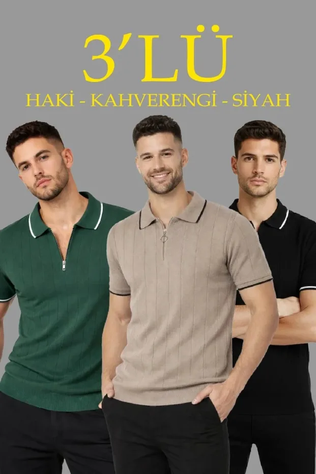 Erkek Siyah 3'lü Set Fermuarlı Polo Yaka Triko Tişört 1