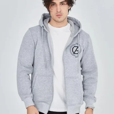 Men's Gray 3-Thread Cotton Zippered Hooded Printed Hoodie 3