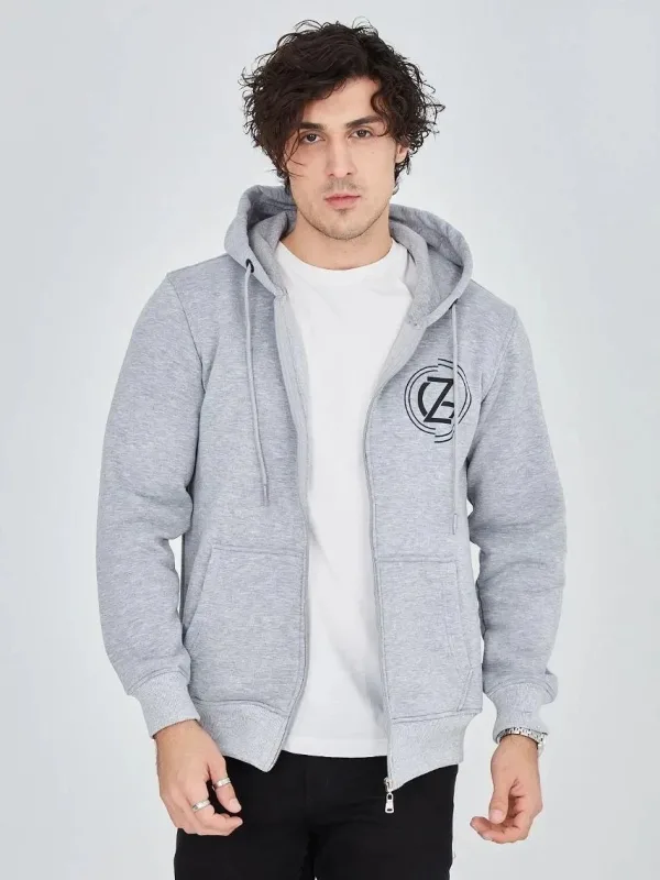 Men's Gray 3-Thread Cotton Zippered Hooded Printed Hoodie 3