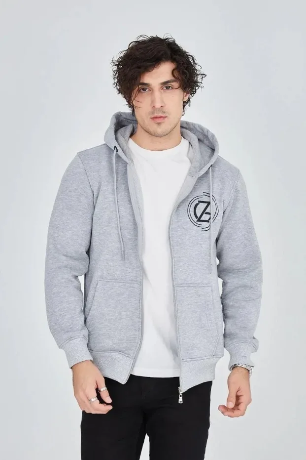 Erkek Gri 3 İplik Pamuklu Fermuarlı Kapüşonlu Baskılı Hoodie 3