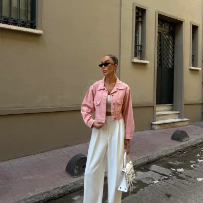Çift Cep Denim Crop Ceket Pudra 3