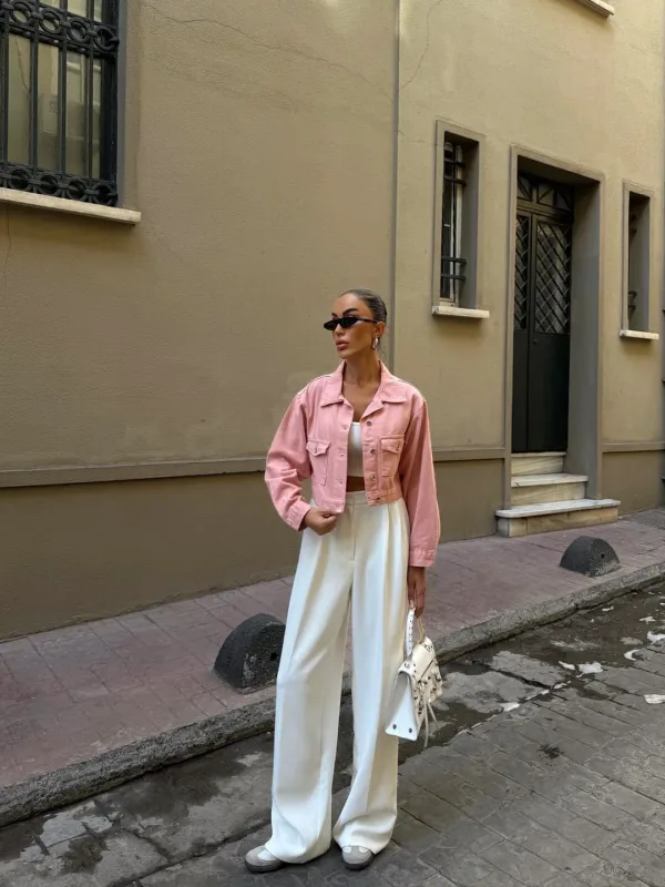 Çift Cep Denim Crop Ceket Pudra 3