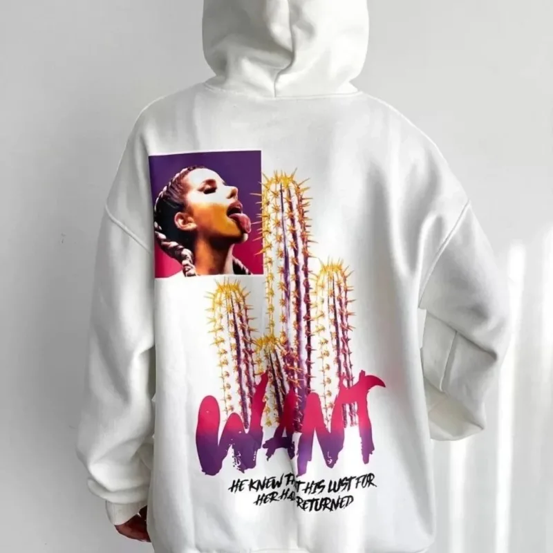 Dámsky biely oversize kapucňový s vreckom potlačený bavlnený sweatshirt
