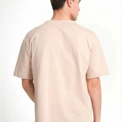 Pánské béžové oversized tričko, cyklistický límec, hladké, krátký rukáv 2