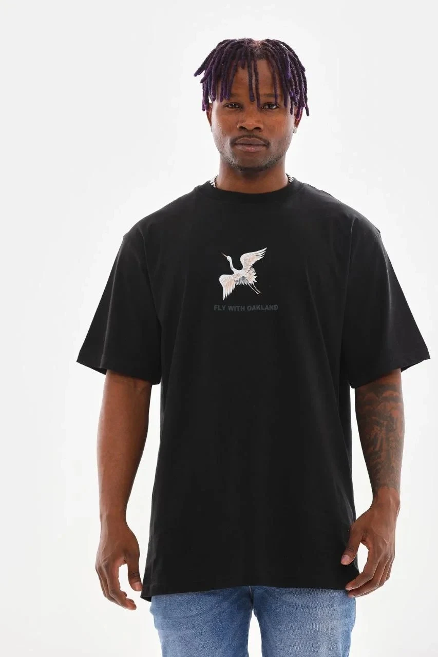 Машки црно бицикли јака печатена Oversize маица