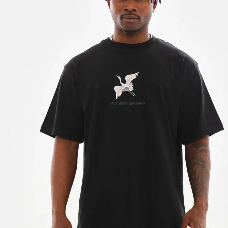 Ανδρικό Μαύρο Ποδηλατόλαιμο Τυπωμένο Oversize T-shirt