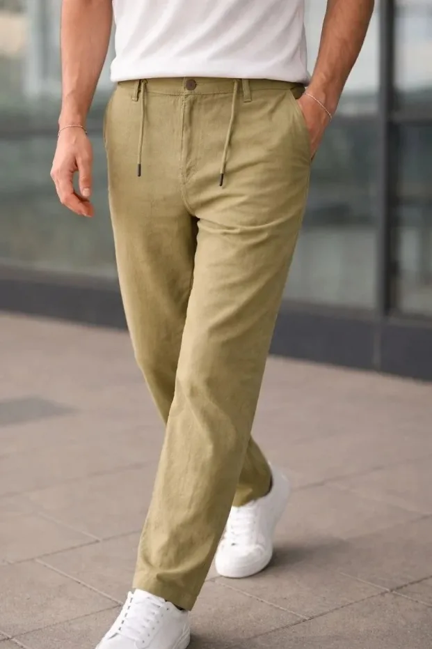 Muške menta zelene lanene pantalone sa džepovima, elastičnim strukom i patent zatvaračem 1