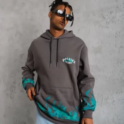Men's Gray Flame Printed 3-Thread Cotton Hooded Sweatshirt 2