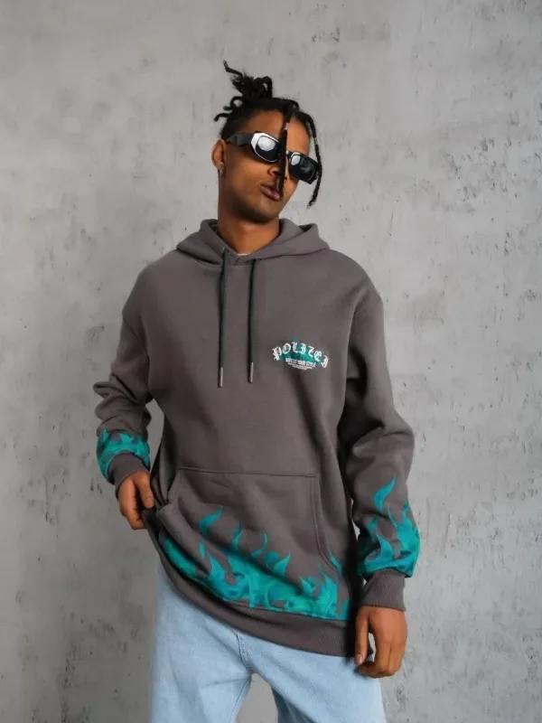Men's Gray Flame Printed 3-Thread Cotton Hooded Sweatshirt 2