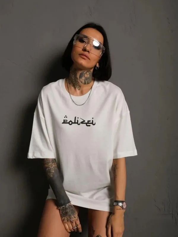 Women's White Oversize Bicycle Neck Back Print T-Shirt 2